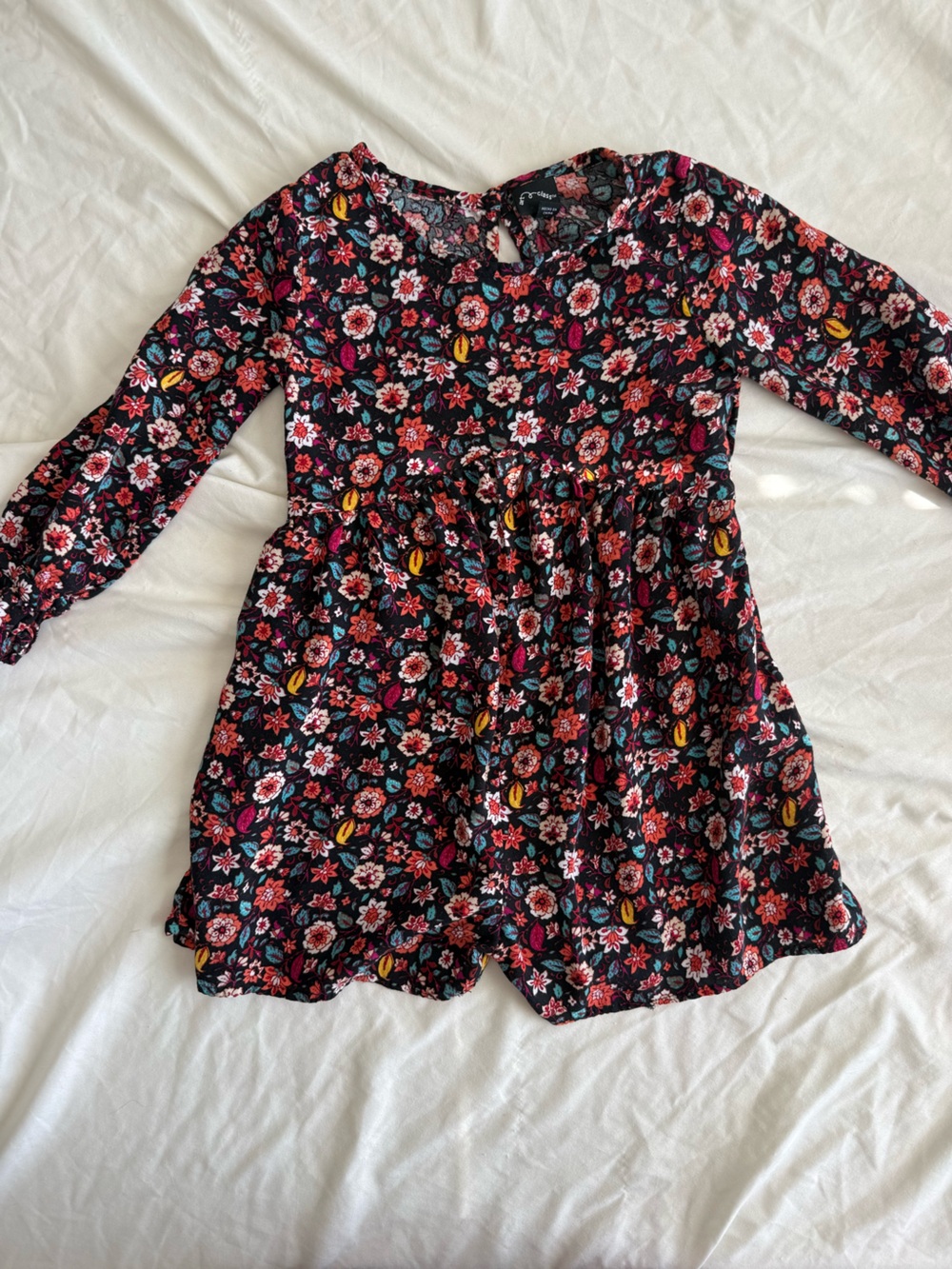 Art Class Black Floral Tunic with Red and Teal Accents Girls XS 4/5